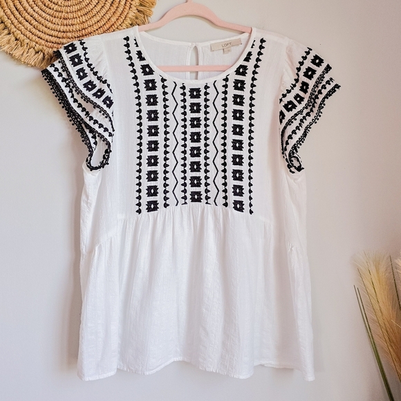 LOFT White Black Linen Blend Embroidered Peplum Flutter Sleeve Shirt SZ Large - Picture 3 of 12